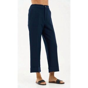 Sundays Carter Trousers Navy Blue High Waisted Wide Leg Cropped Cuffed Pants L